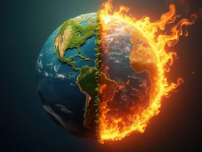 Conceptual Earth Globe Split Between Nature And Fire