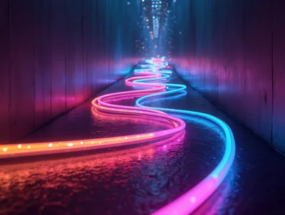 Neon Light Trails Winding Through A Dark Corridor