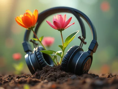 Headphones Growing From Soil With Vibrant Flowers