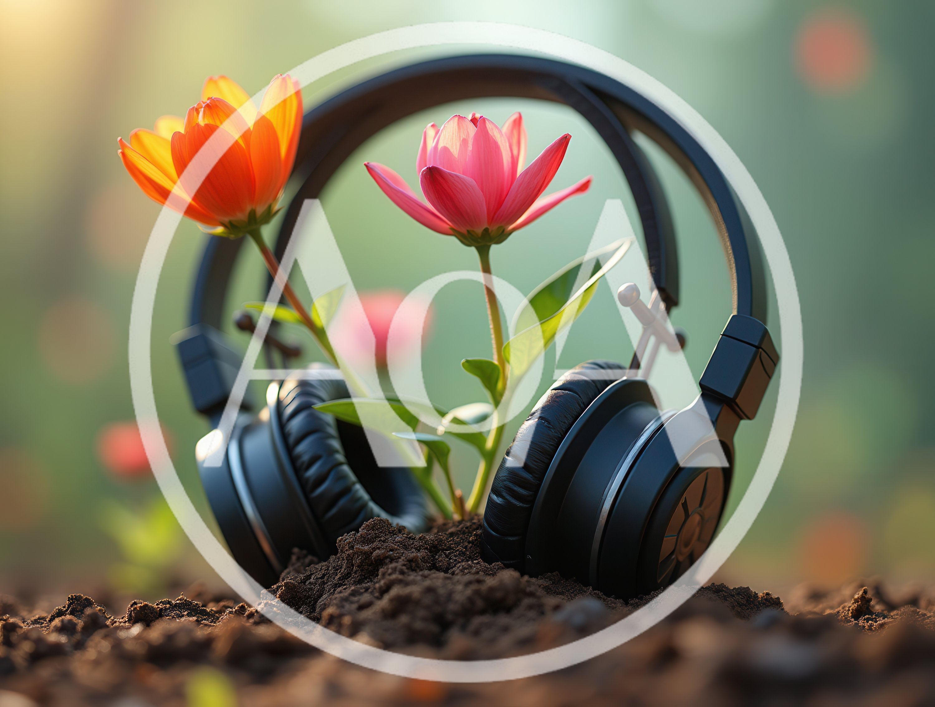 Headphones Growing From Soil With Vibrant Flowers