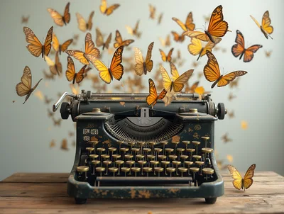 Vintage Typewriter Surrounded By Swarming Monarch Butterflies