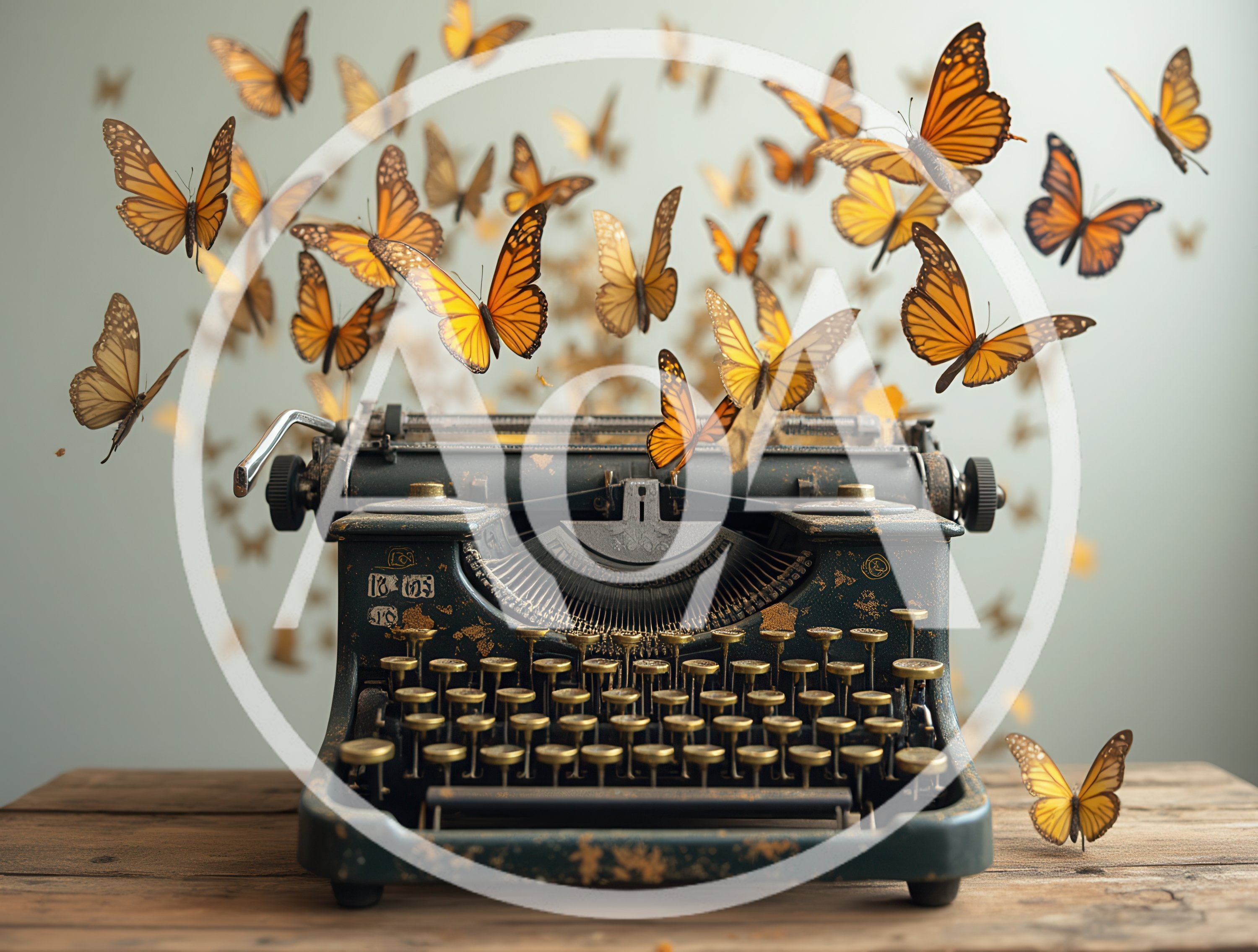 Vintage Typewriter Surrounded By Swarming Monarch Butterflies