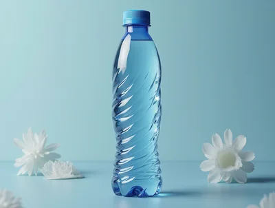 Plastic Water Bottle With White Flowers On Blue Background