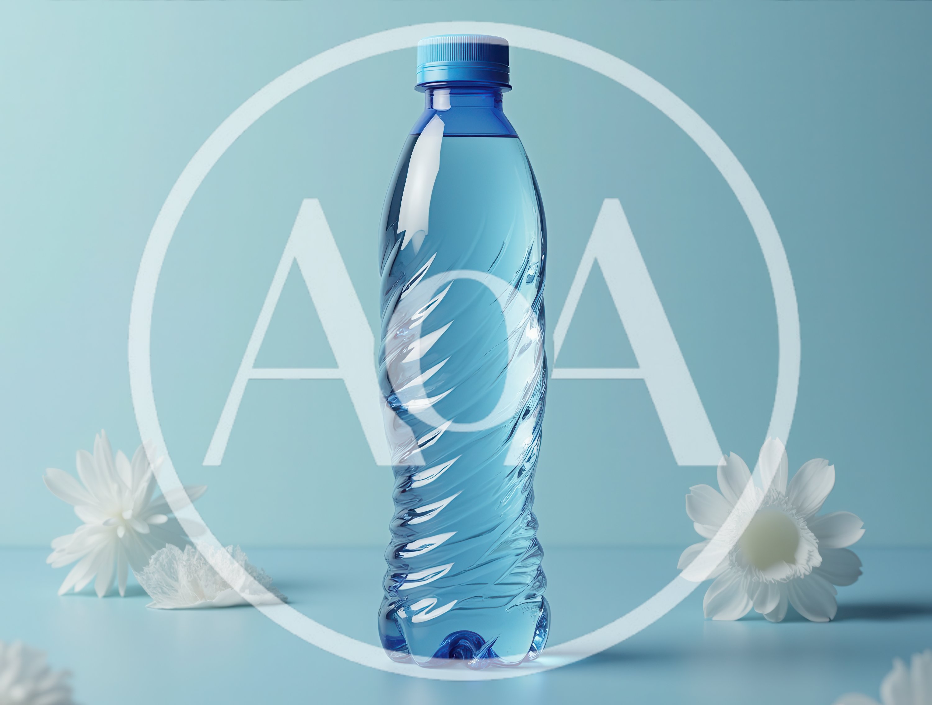 Plastic Water Bottle With White Flowers On Blue Background