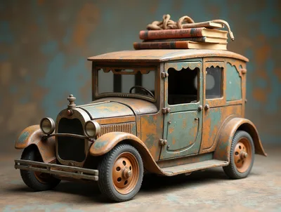 Vintage Toy Car With Books On Roof