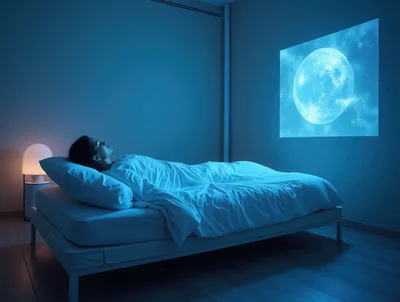 Woman Sleeping In Bed With Projected Moon Image