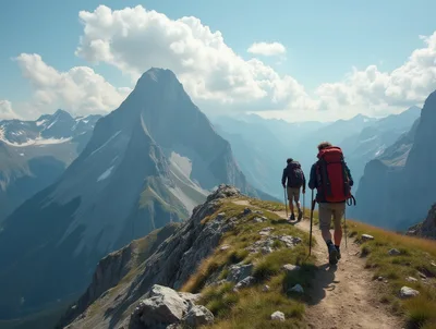 Two Hikers Trekking Along A High Mountain Ridge