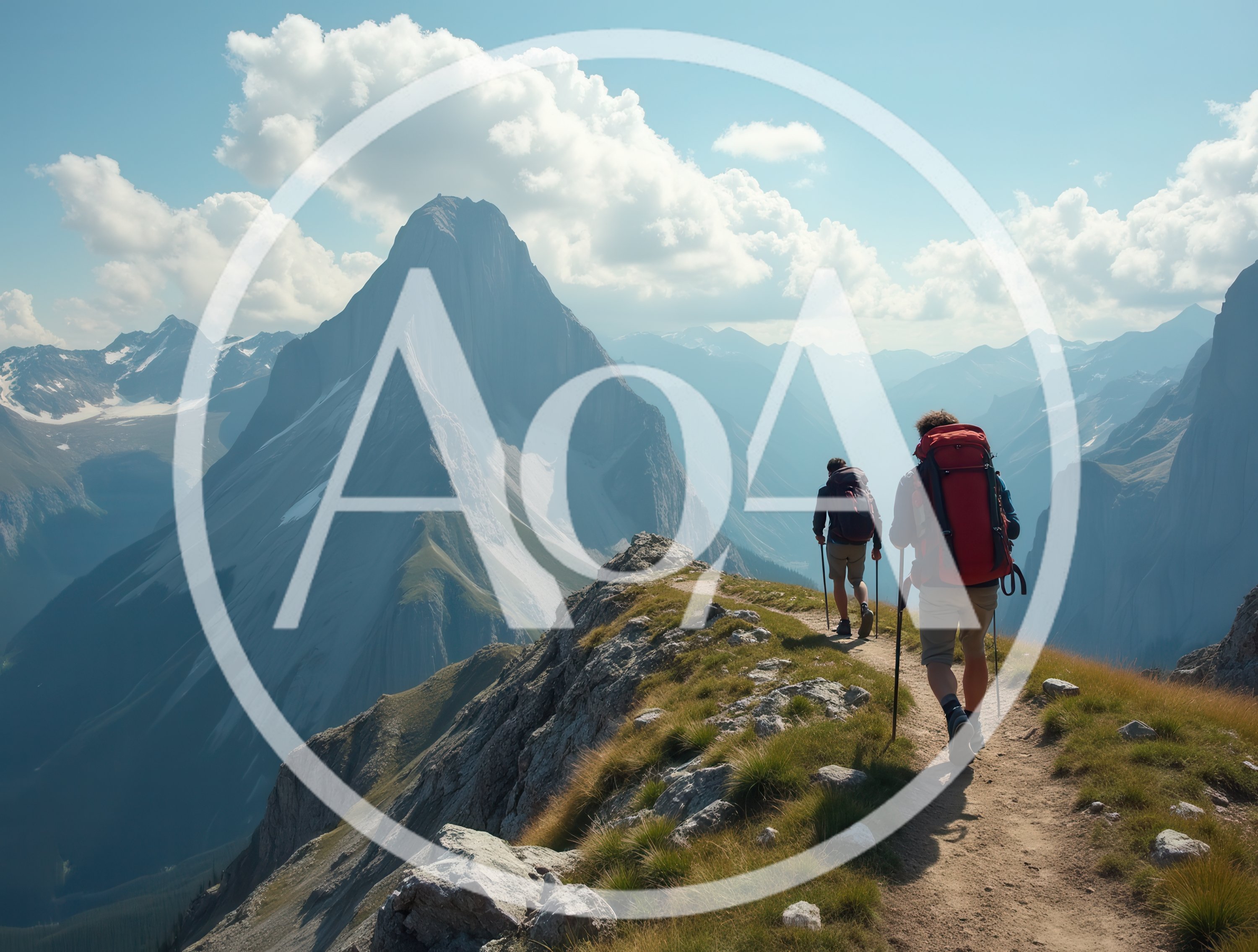 Two Hikers Trekking Along A High Mountain Ridge