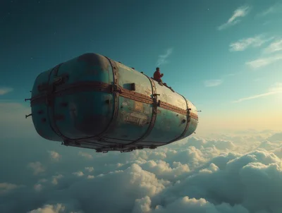 Person Sitting Atop A Floating Vintage Suitcase In Clouds