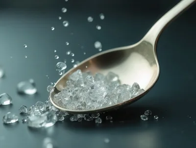 Close Up Of Ice Crystals Falling Into A Metal Spoon
