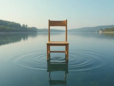 Wooden Chair Standing Alone In Calm Lake Water