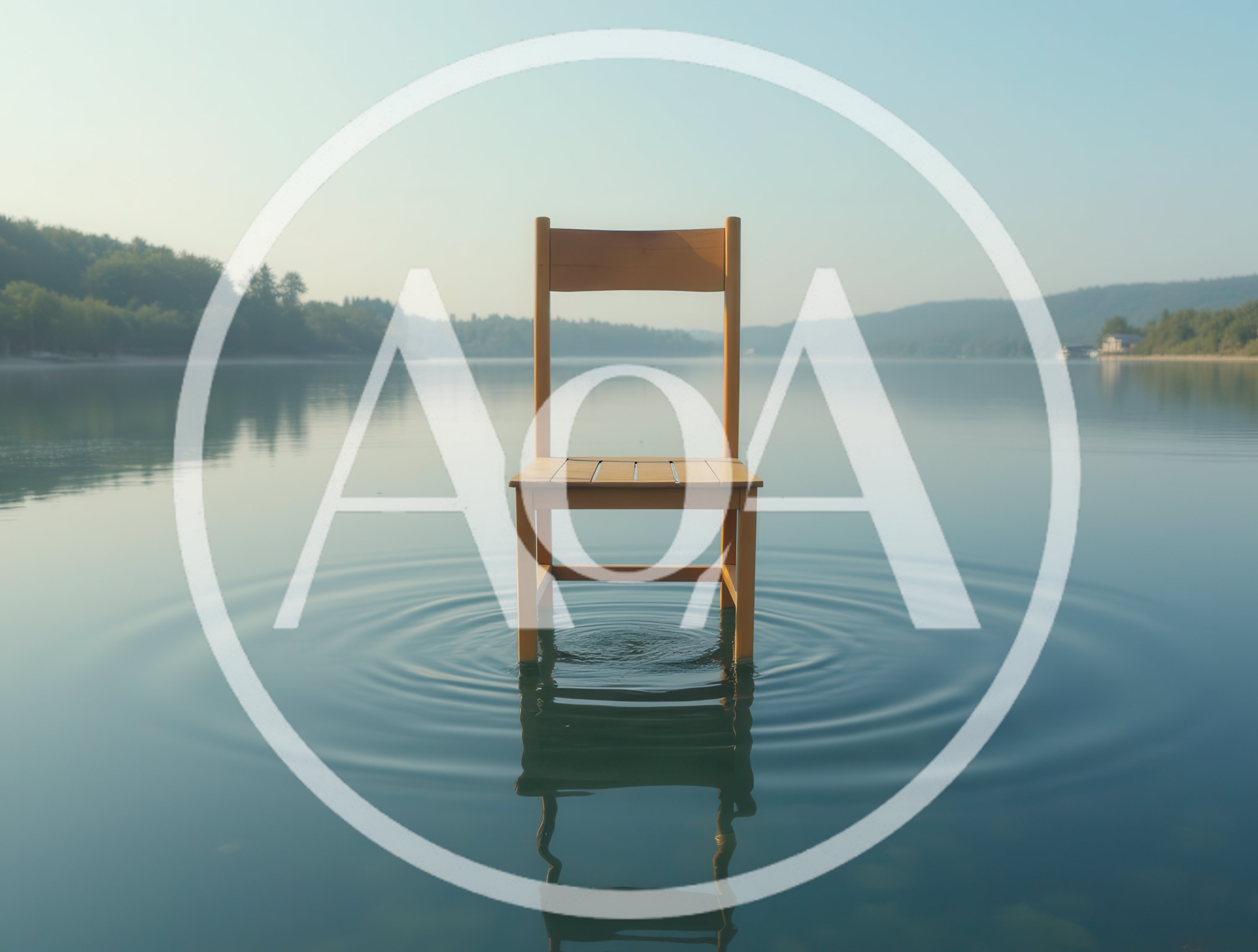 Wooden Chair Standing Alone In Calm Lake Water