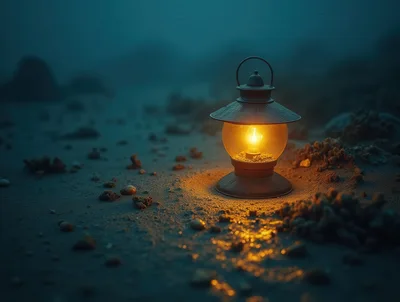 Glowing Vintage Lantern On A Dark Sandy Beach