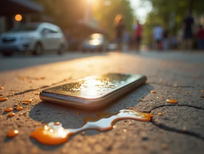 Smartphone Dropped On Pavement With Spilled Orange Liquid