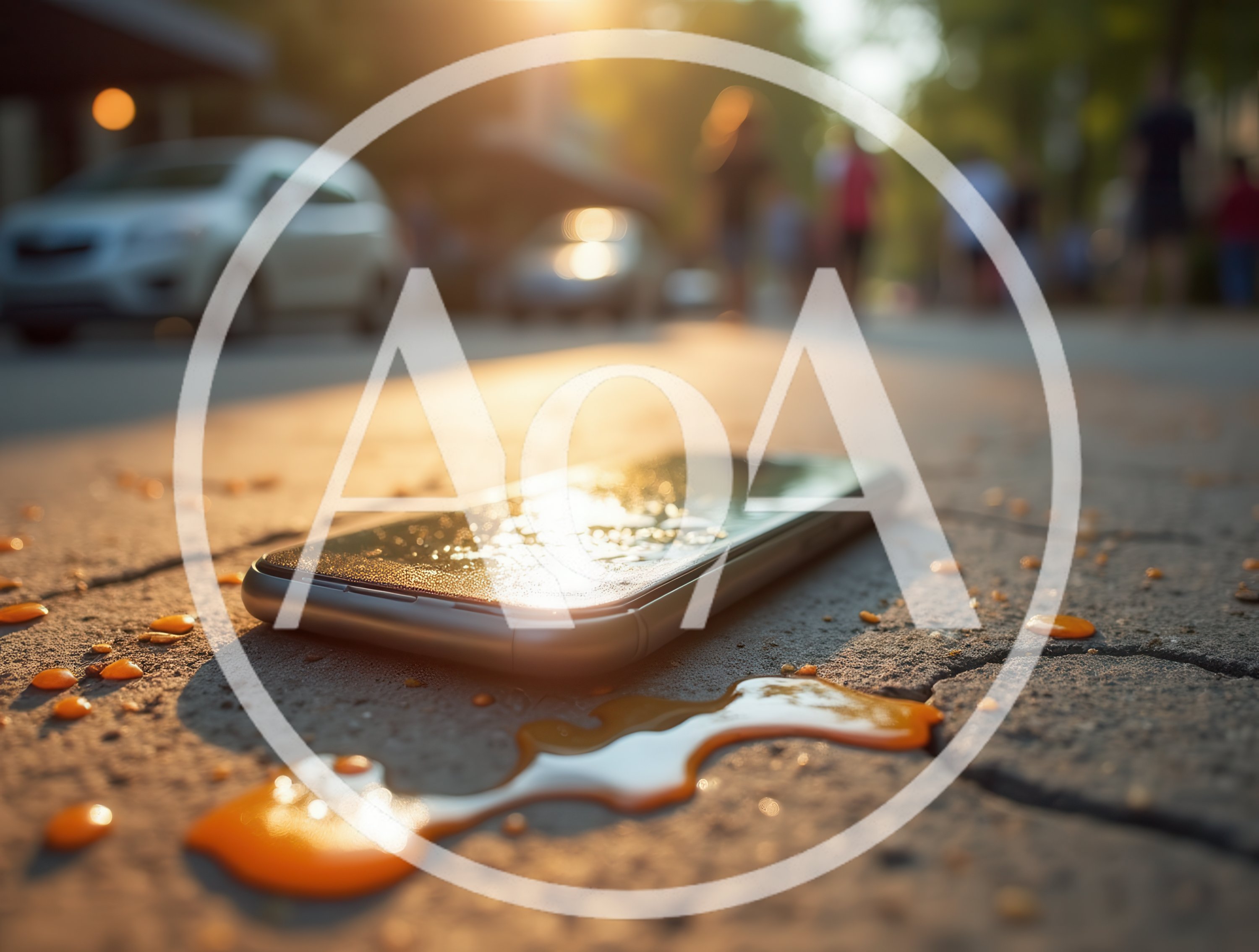 Smartphone Dropped On Pavement With Spilled Orange Liquid