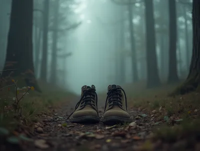 Pair Of Hiking Boots On A Misty Forest Path