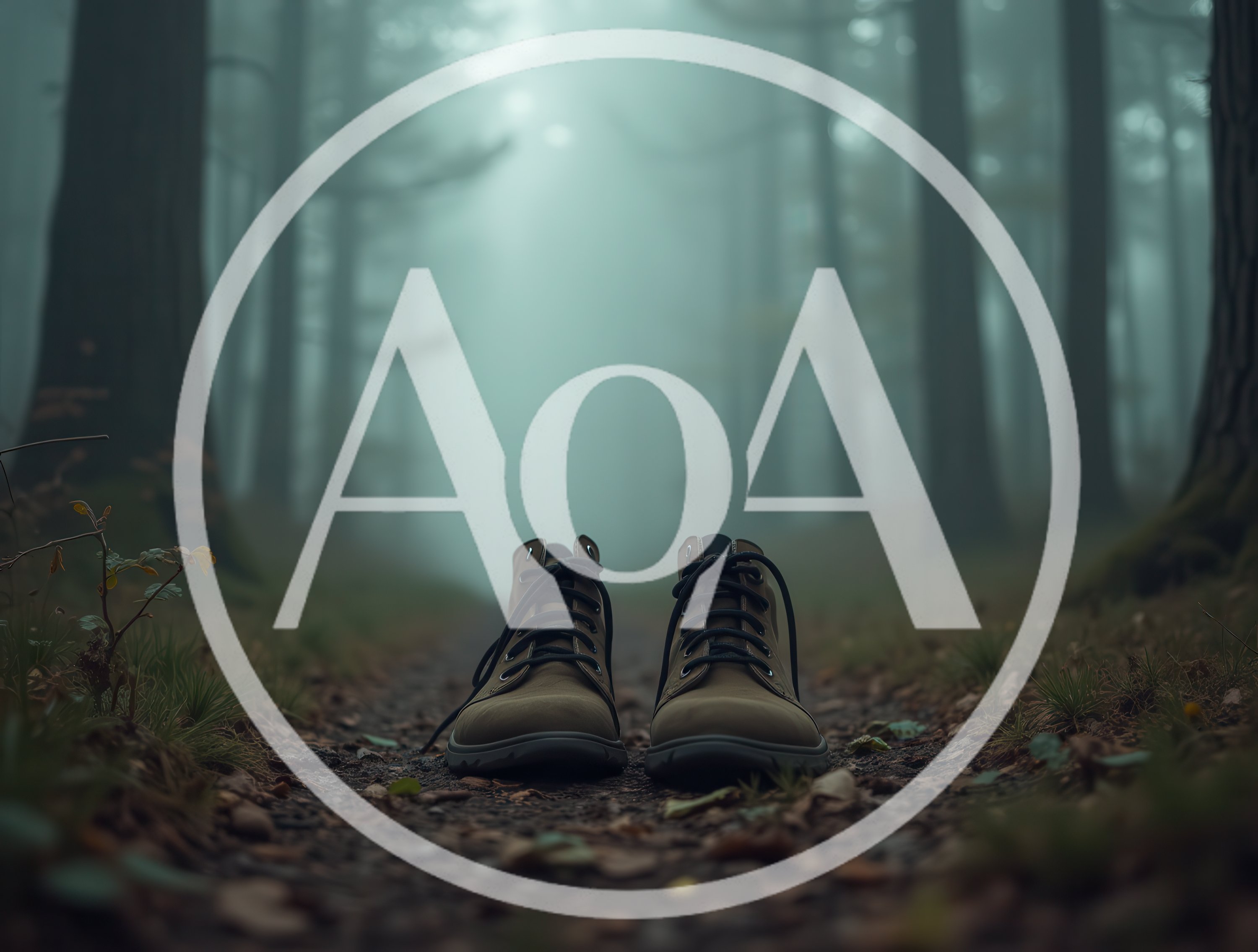 Pair Of Hiking Boots On A Misty Forest Path