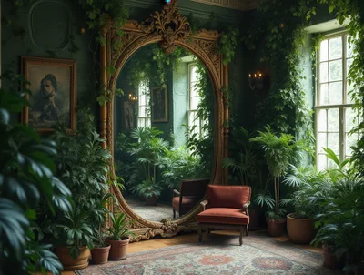 Ornate Mirror In A Lush Indoor Botanical Room