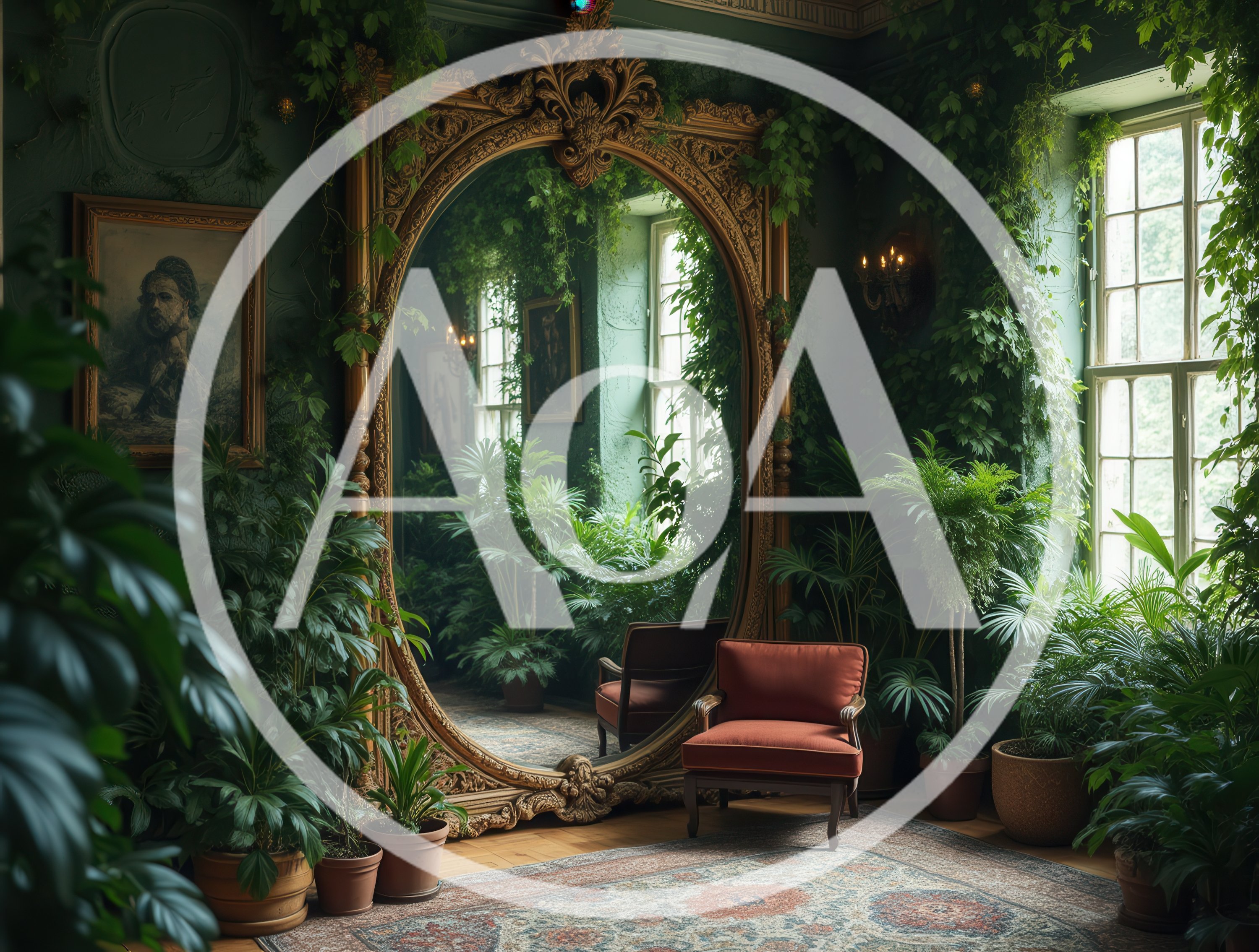 Ornate Mirror In A Lush Indoor Botanical Room