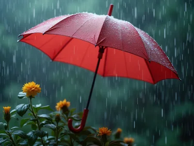 Red Umbrella Floating Above Yellow Flowers In Rain