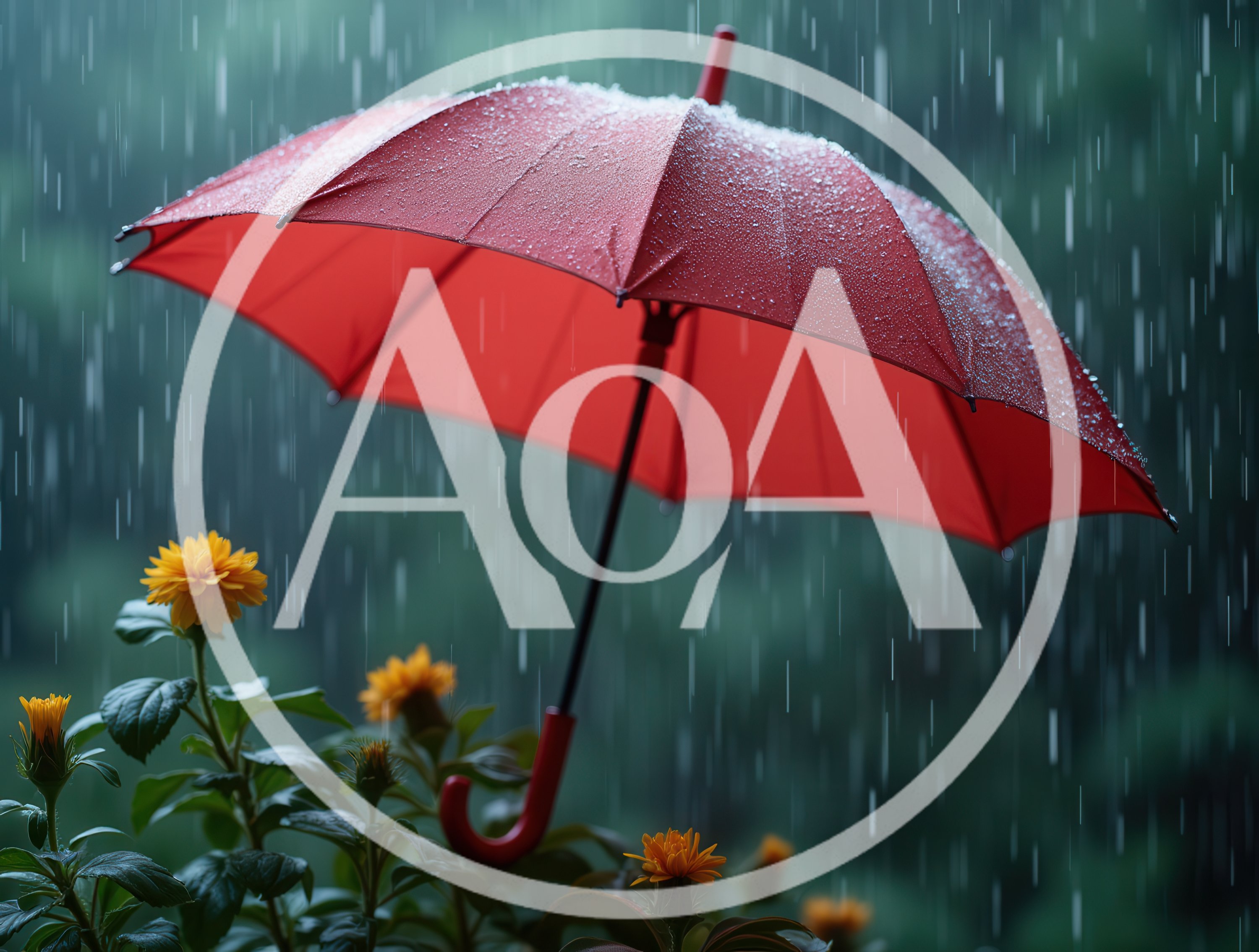 Red Umbrella Floating Above Yellow Flowers In Rain