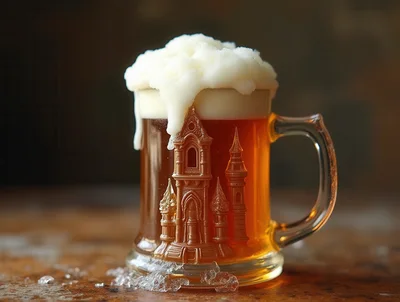 Glass Beer Mug With Intricate Castle Relief Design