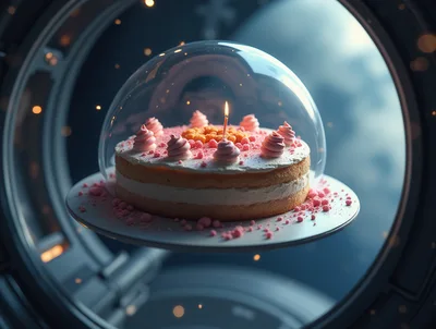 Birthday Cake Under Glass Dome in Futuristic Setting