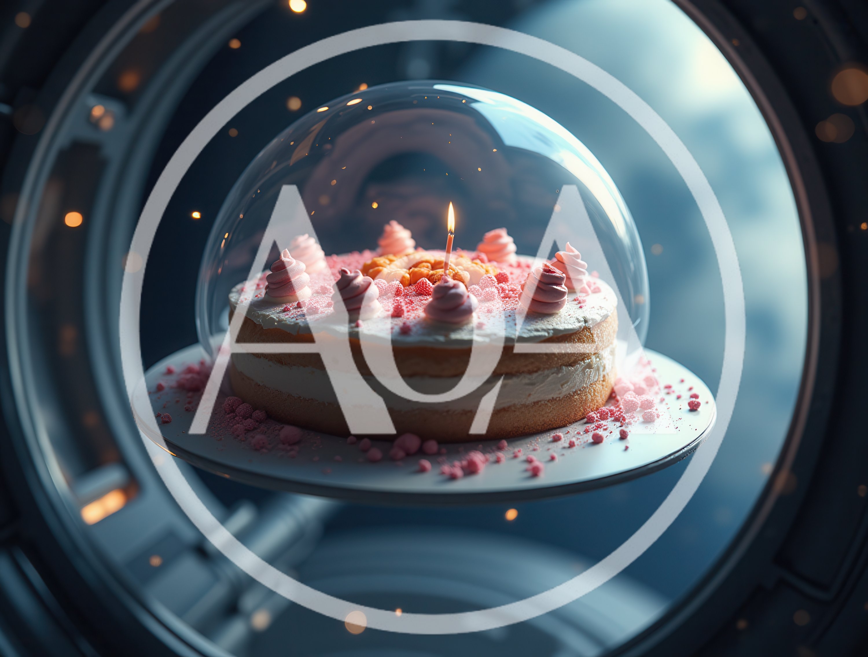 Birthday Cake Under Glass Dome in Futuristic Setting