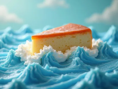 Slice Of Cheesecake Floating On Blue Frosting Waves