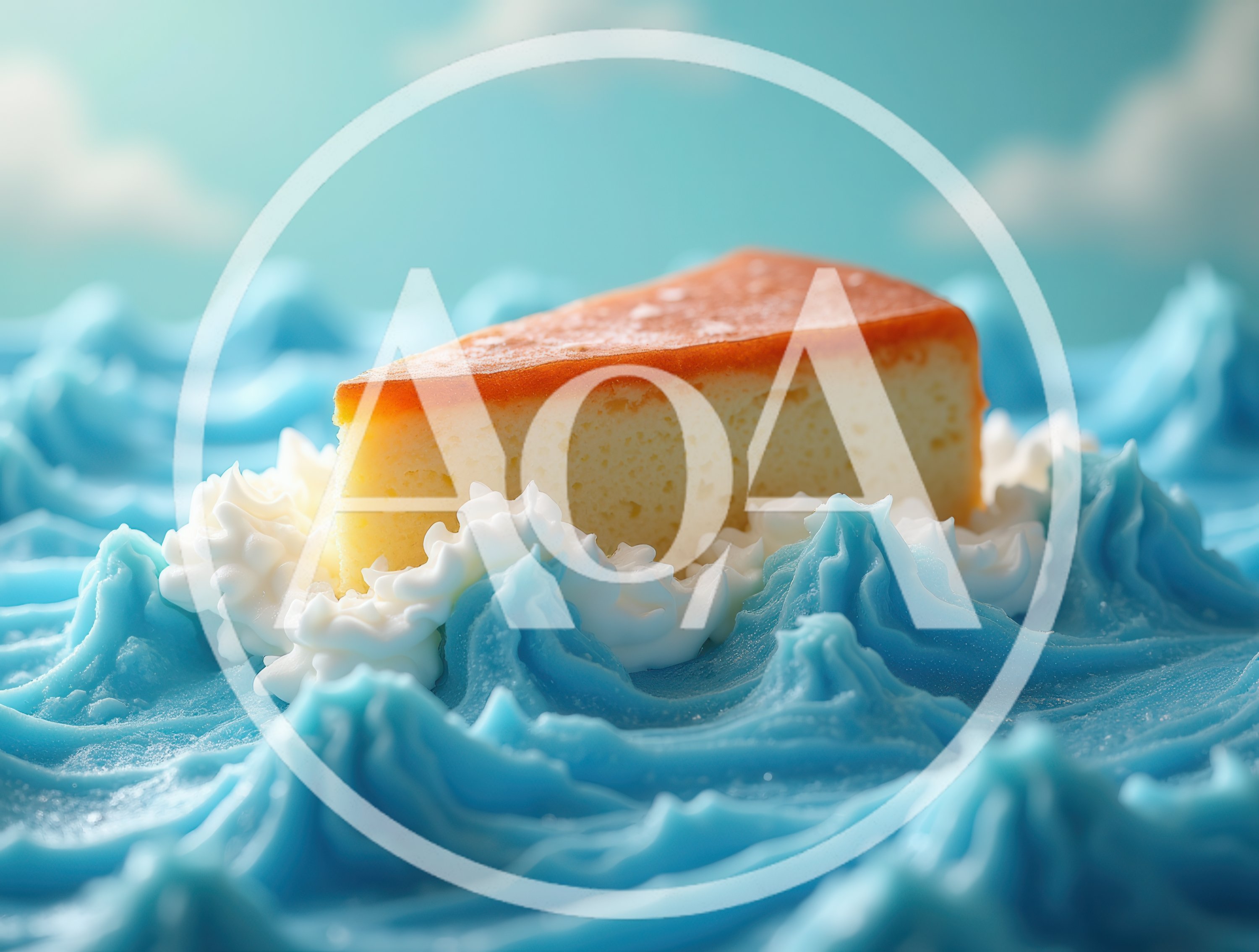 Slice Of Cheesecake Floating On Blue Frosting Waves