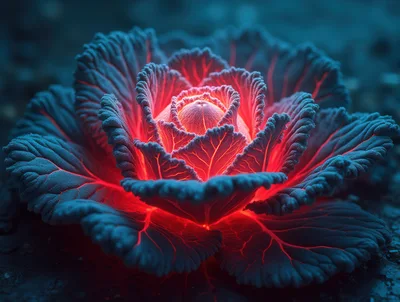 Glowing Bioluminescent Cabbage Plant In Dark Environment