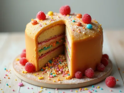 Layered Sponge Cake With Fruit Toppings And Sprinkles