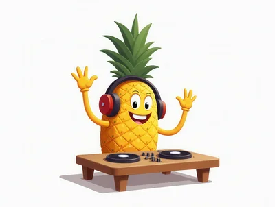 Cartoon Pineapple DJ Playing Music On Turntables