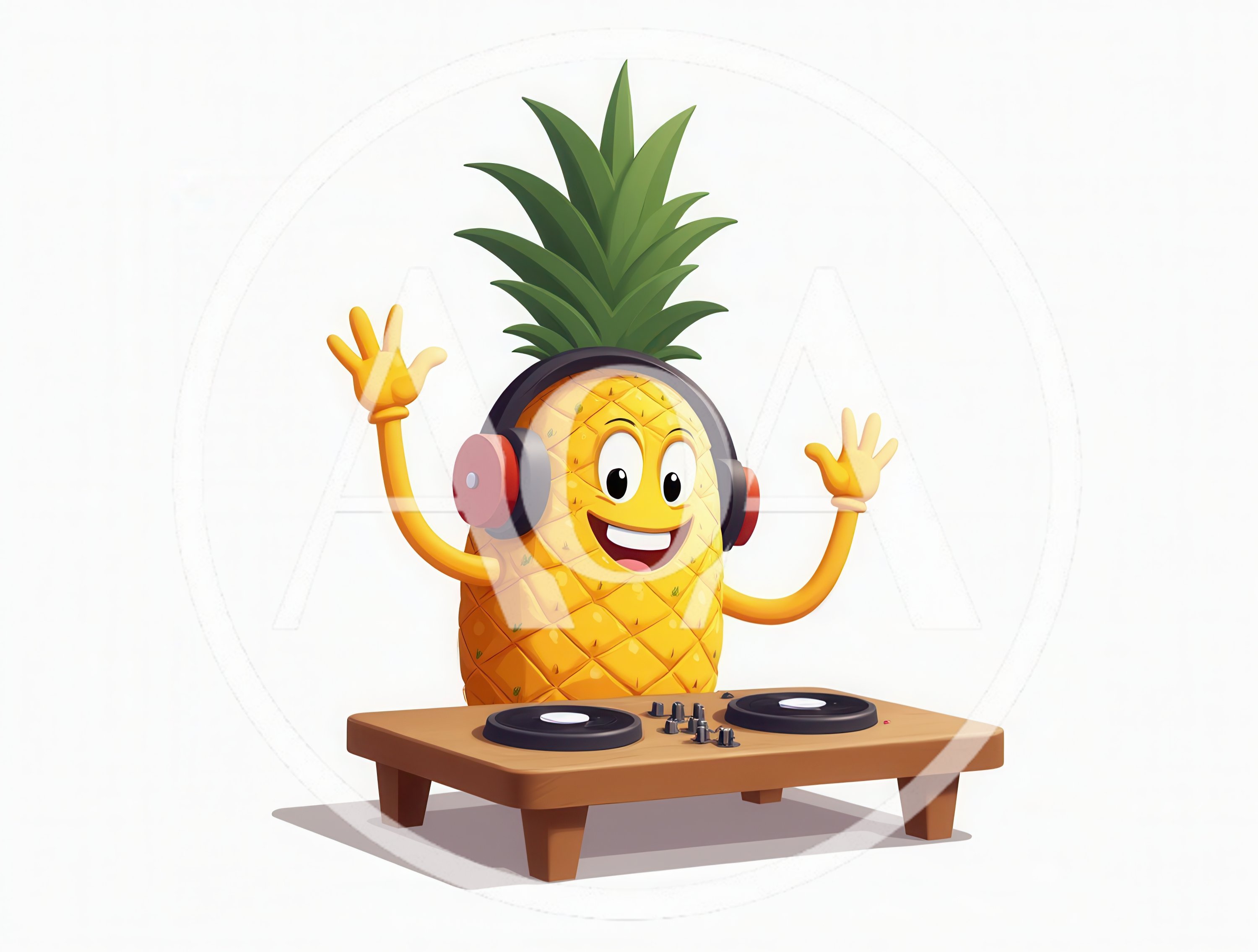 Cartoon Pineapple DJ Playing Music On Turntables