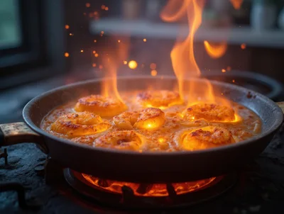 Shrimp Flambé Cooking In A Frying Pan
