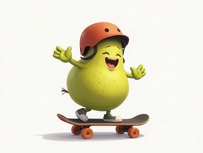 Cartoon Pear Character Skateboarding With Helmet