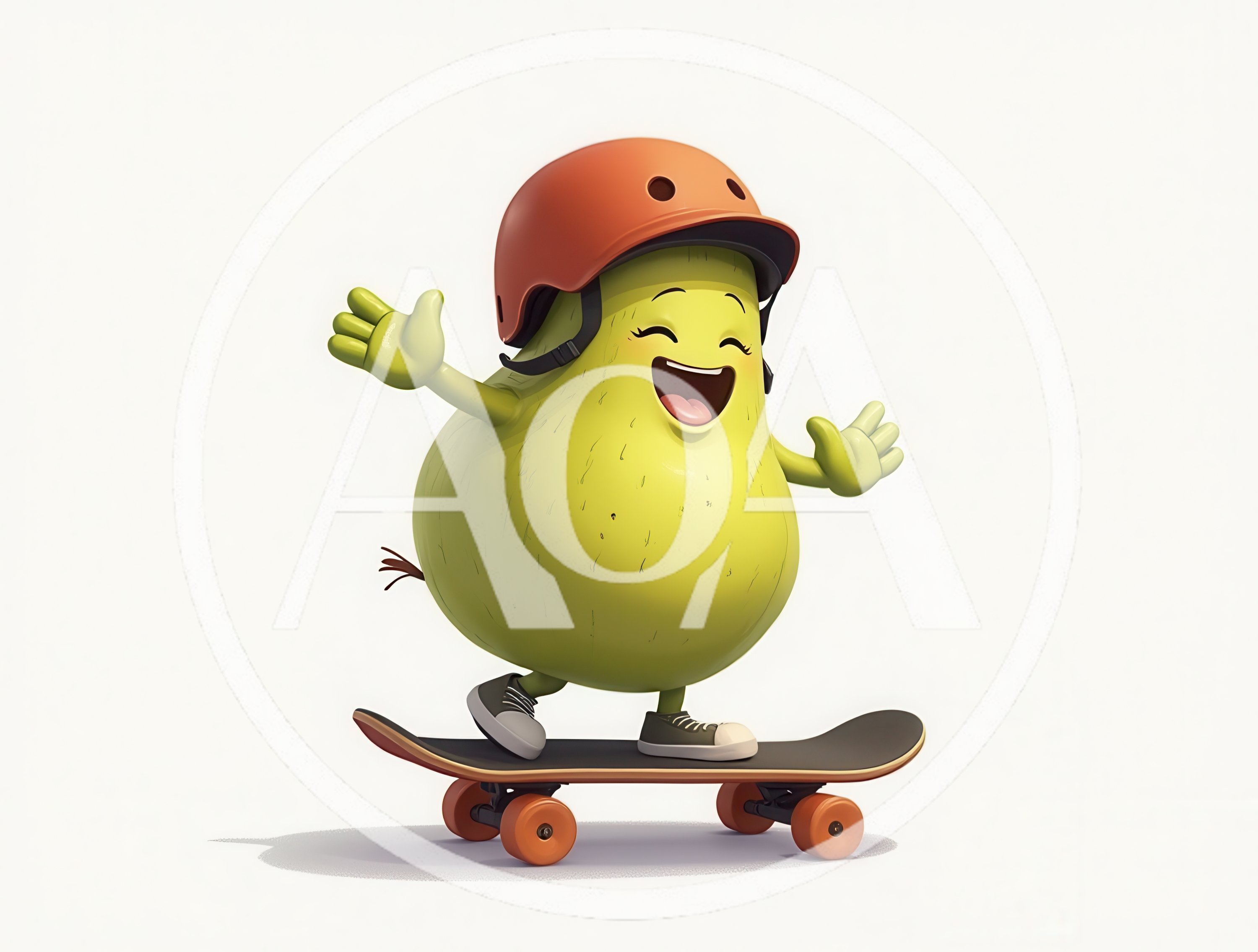 Cartoon Pear Character Skateboarding With Helmet