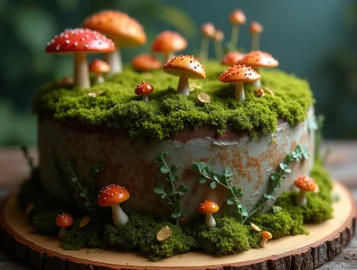 Forest Themed Mushroom Cake On Wooden Platter