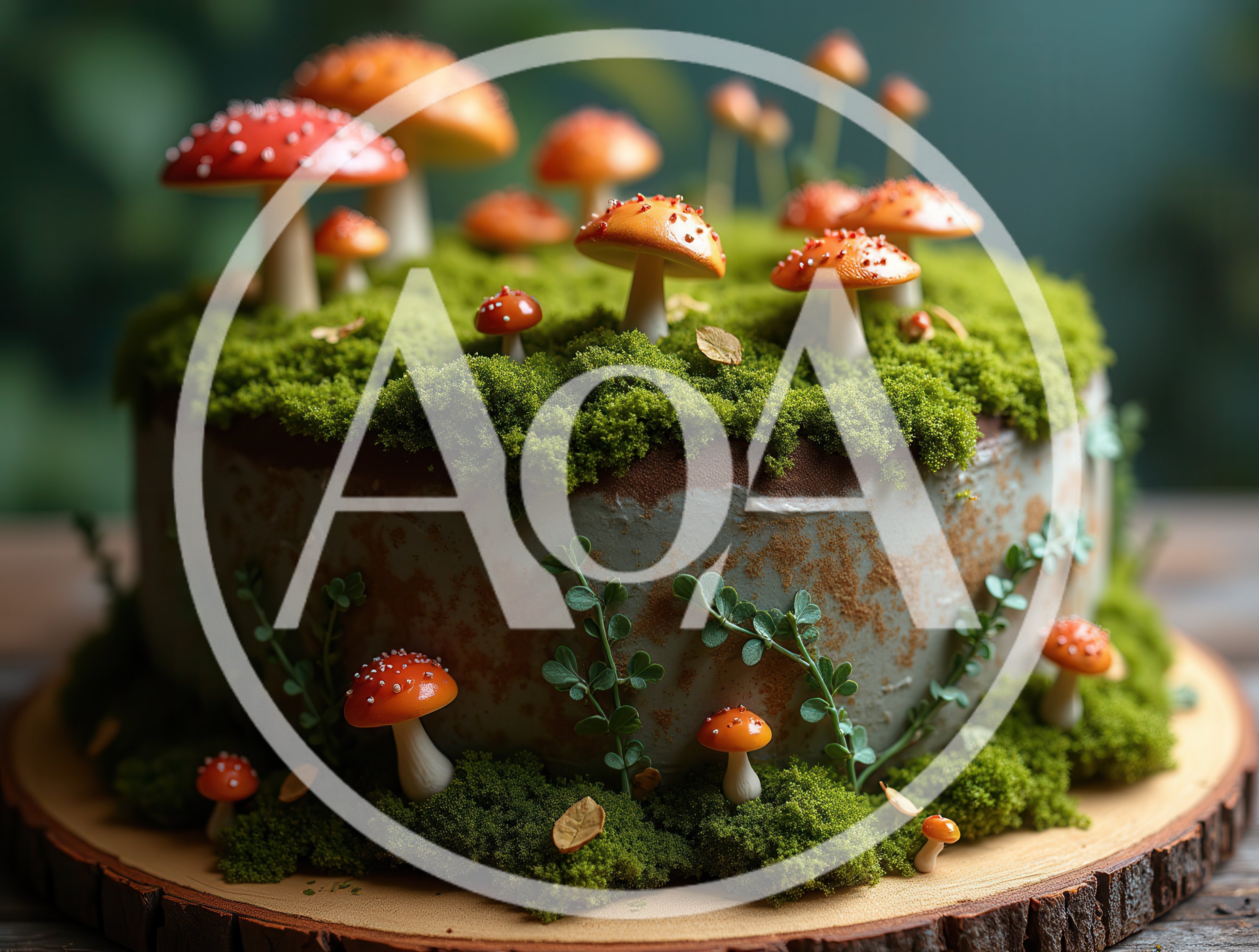 Forest Themed Mushroom Cake On Wooden Platter