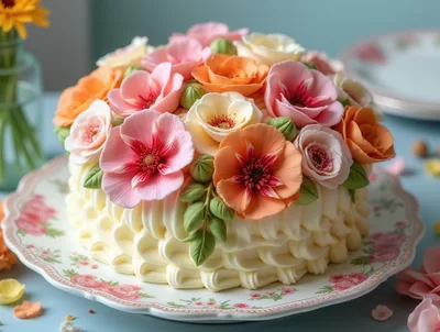 Floral Decorated Cream Cake on Vintage Plate