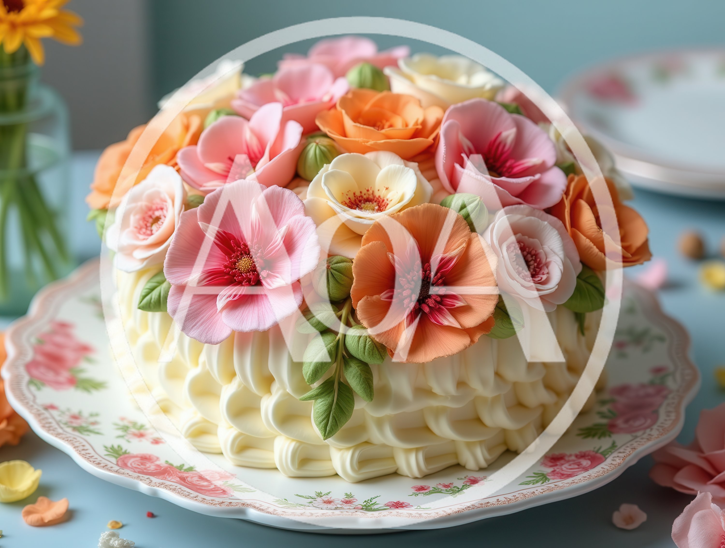 Floral Decorated Cream Cake on Vintage Plate