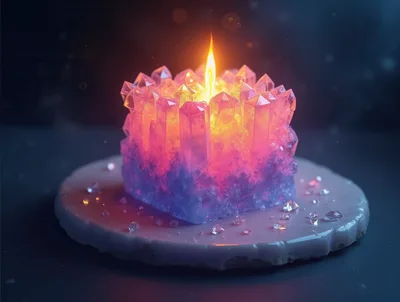 Glowing Crystal Candle With Flame On Stone Base