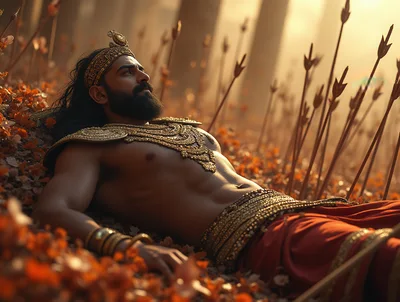 Ancient Indian Warrior Lying Amidst Arrows on Battlefield