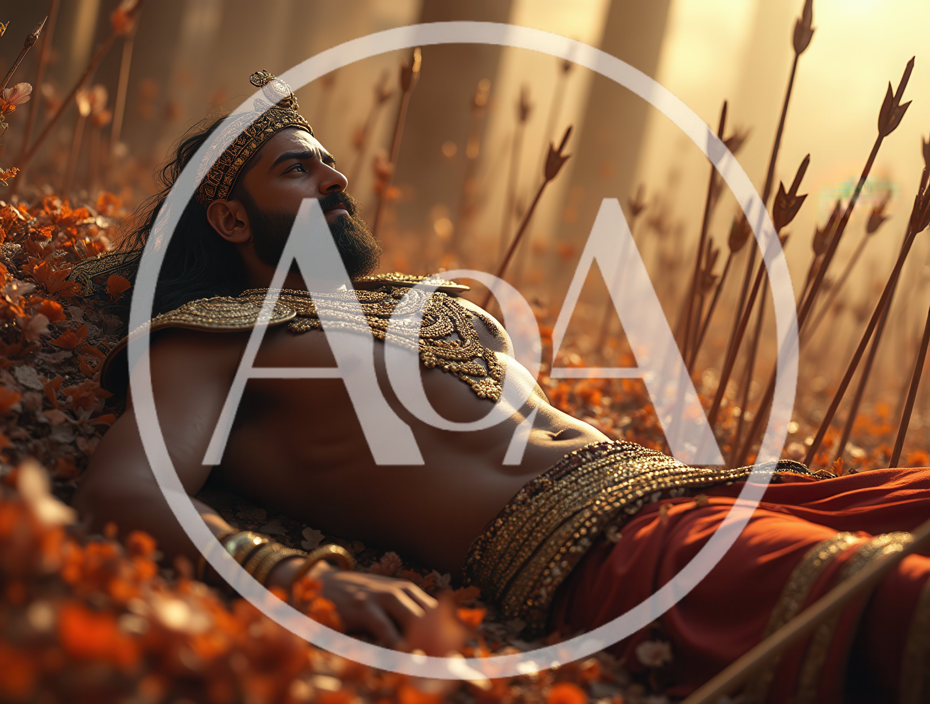 Ancient Indian Warrior Lying Amidst Arrows on Battlefield