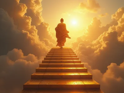 Buddha Figure Walking Up Golden Stairway Into Clouds