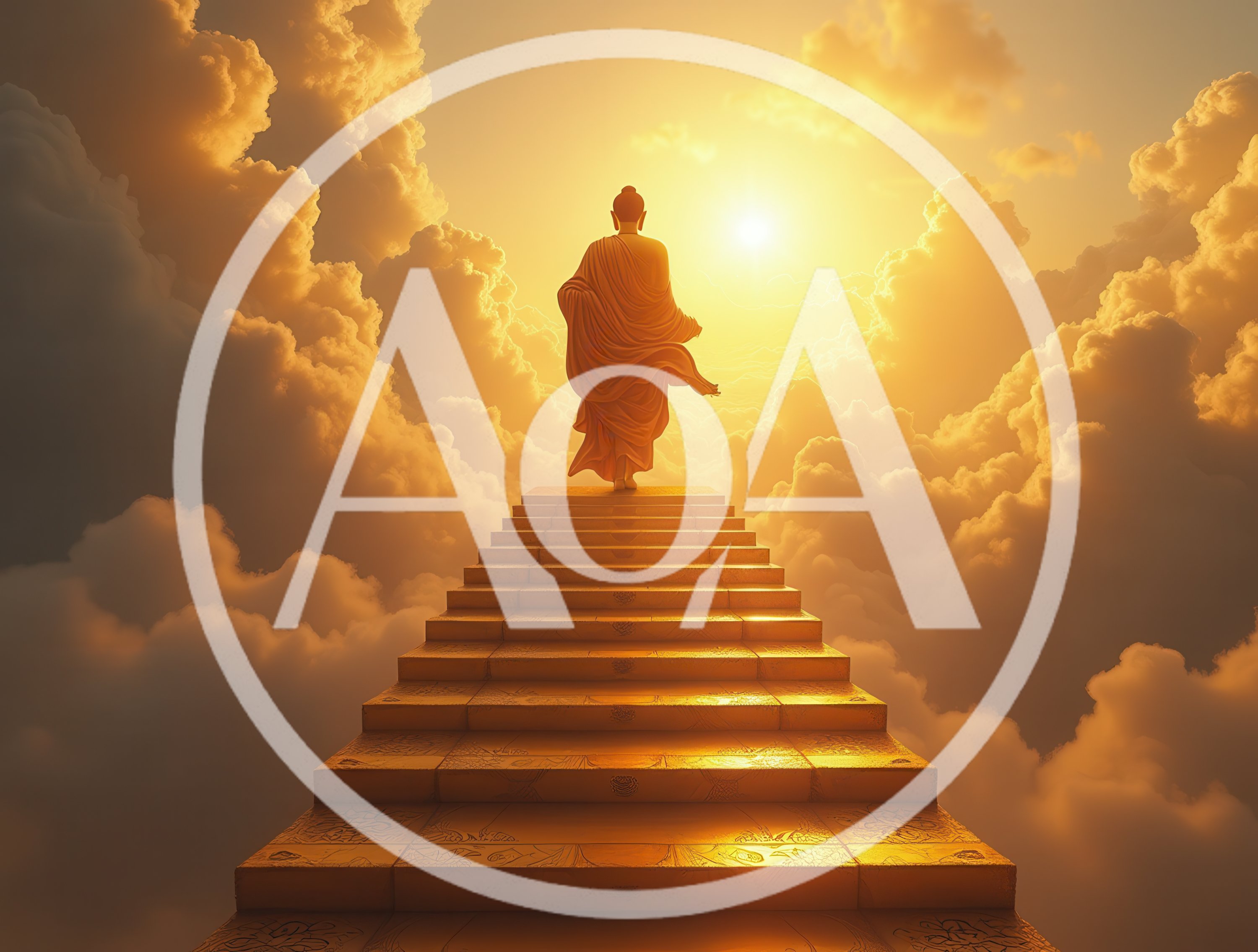 Buddha Figure Walking Up Golden Stairway Into Clouds