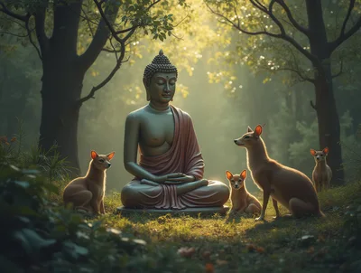 Buddha Statue Meditating With Deer In Forest