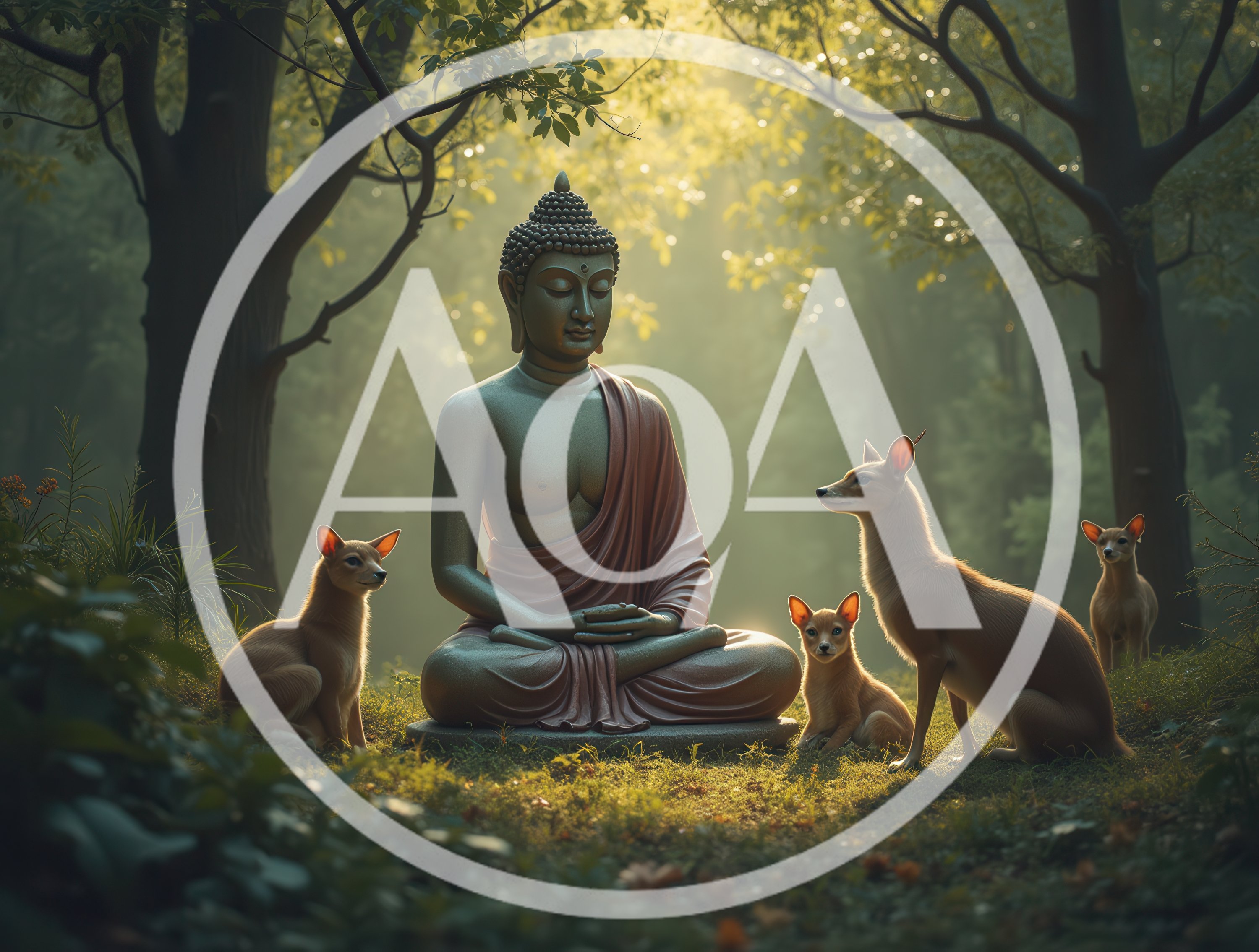 Buddha Statue Meditating With Deer In Forest