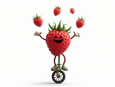 Cartoon Strawberry Character Juggling While Riding A Unicycle