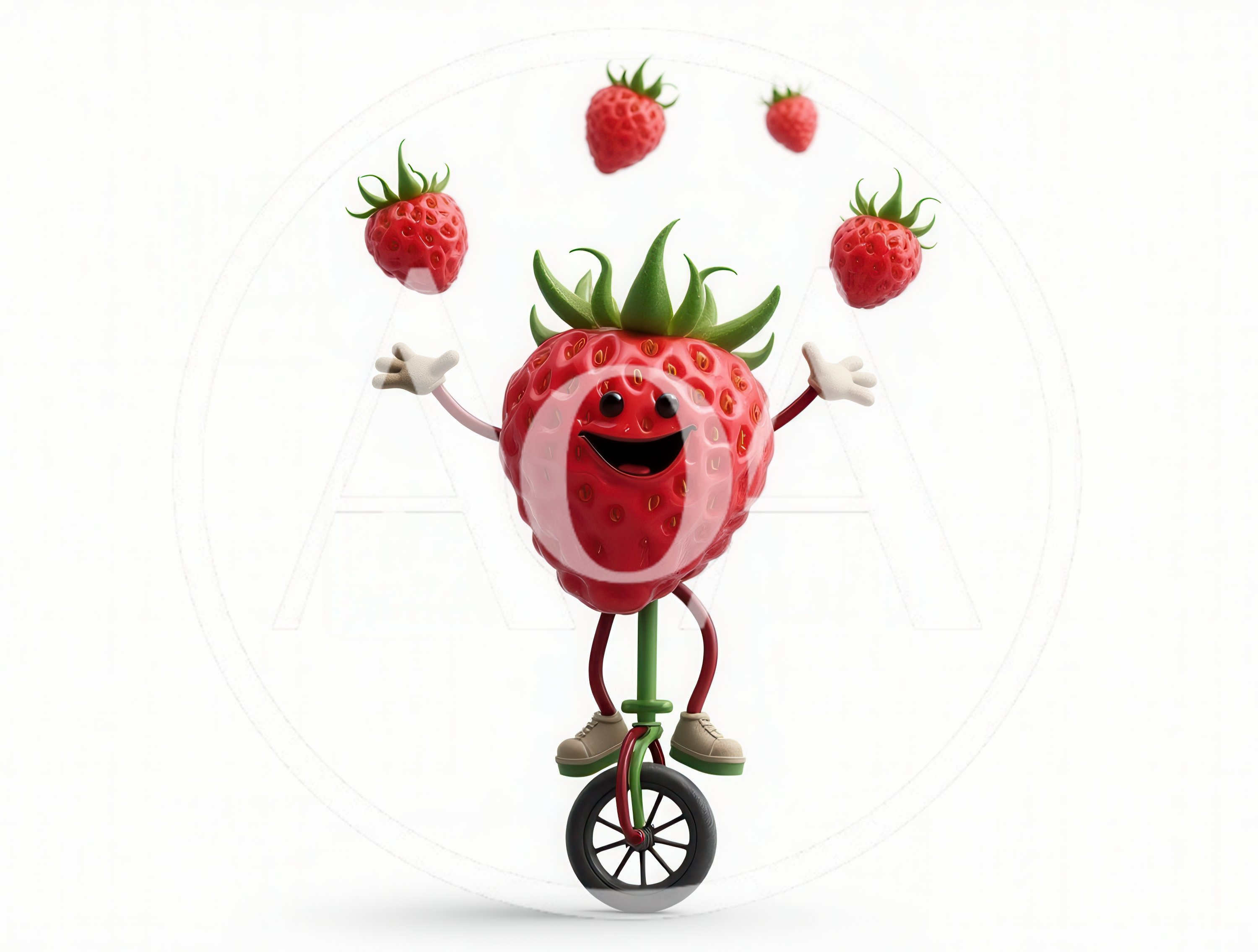 Cartoon Strawberry Character Juggling While Riding A Unicycle